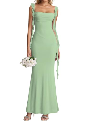 KUTUMAI Elegant Long Formal Wedding Guest Dresses for Women 2026 Ruffle Bodycon Cocktail Party Maxi Dress Sage S