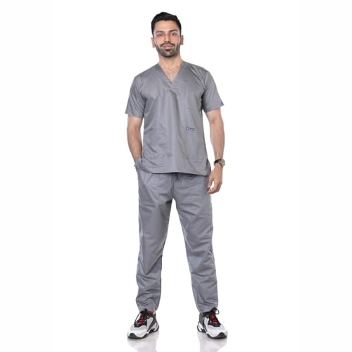 Medilinen Men's 9-Pocket Scrub Suit | Set of Top & Cargo | Half Sleeves | V-Neck | Breathable Polyviscose Fabric | Comfortable | Durable | Uniform for Doctors Nurse & Dentist GRY_2XL