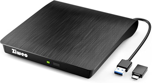 Ziweo External DVD Drive USB 3.0 Type-C CD Burner Portable CD +/-RW Drive DVD Player for ROM Rewriter Burner Compatible with Laptop Desktop PC Windows MacBook Linux Mac OS
