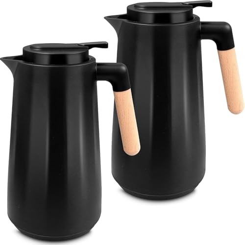 LYCN 1 Litre Thermal Carafe Jugs, 2 Pack 34 oz Stainless Steel Insulated Coffee Carafe with Wood Handle, Double Wall Vacuum Carafe Tea Pot for Hot Coffee Beverages Milk LYCN 1 Litre Thermal Carafe Jugs, 2 Pack 34 oz Stainless Steel Insulated Coffee Carafe with Wood Handle, Double Wall Vacuum Carafe Tea Pot for Hot Coffee Beverages Milk