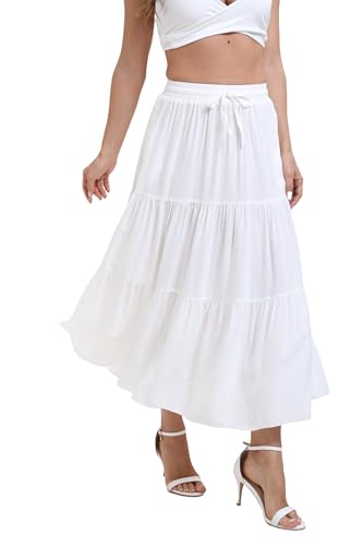 Women's Summer Elastic High Wasited Long Skirt A-Line Ruffle Tired Flowy Swing Ankle Length Skirts Casual Beach