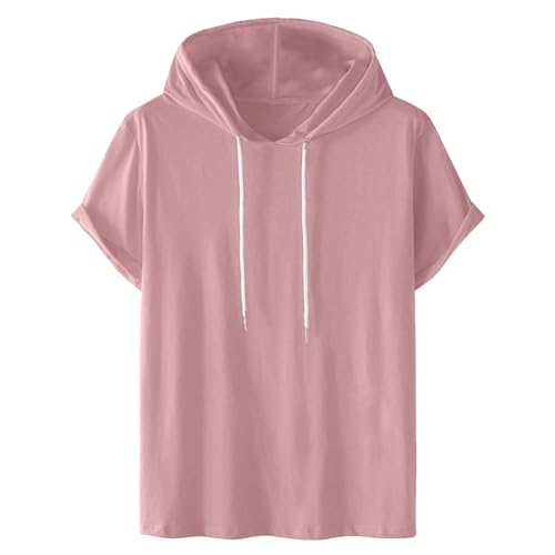 Short Sleeve Hoodies for Men Gym Workout Sweatshirt Lightweight Athletic Pullover Plus Size Hooded T Shirt Active Tops Pink