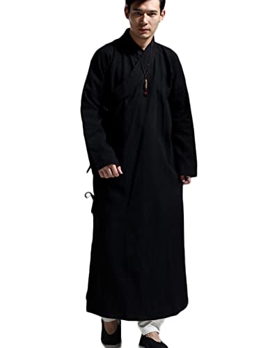 NFYM Men's Long Buddhist Meditation Monk Robe Cotton Linen Kung Fu Shaolin Maxi Gown