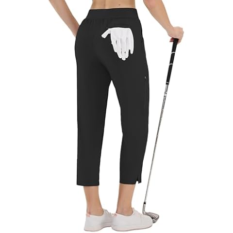 LastFor1 Women's Golf Pants High Waisted Water Resistant UPF 50+ 7/8 Ankle Pants with Pockets Lightweight Athletic Casual Black 2XL Cover