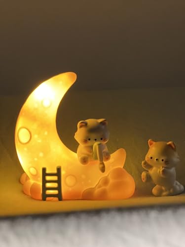 Image of Adorable Moon Fishing Cat Night Light Set - Customizable Cat Figurines - Warm Glow - Ideal for Home Decor and Gifts