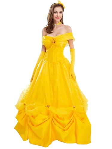 New front Déguisement pour Femme La Belle et la Bête Robe de Soirée Princesse Belle pour Adulte Costume de Fête Carnaval Halloween Noël avec Gants...