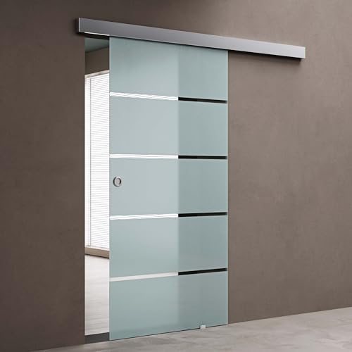 doporro Porta Scorrevole in Vetro Esterno Muro con Binario 90 x 205 cm, Vetro Satinato Opaco con Righe Trasparenti 8 mm, Porte Interne Scorrevoli per Bagno Cucina Studio Amalfi-plus 11