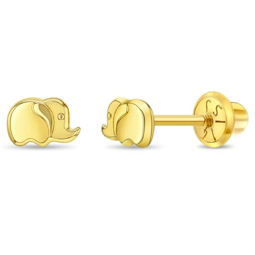 14k Yellow Gold Lucky Elephant Screw Back Earrings For Toddler & Little Girls - Safety Screw Back Locking Earrings for Children - Elegant & Cute Baby Elephant Stud Earrings
