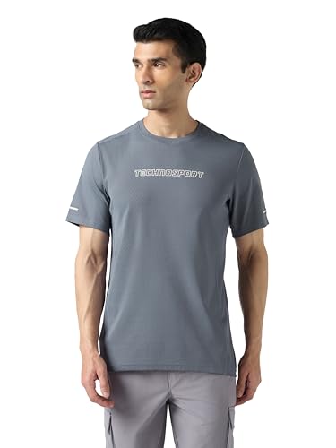 Image of TECHNOSPORT Men's Printed Slim Fit Henley Neck T-Shirt ELASTOLITE Half Sleeve Slip On Polyester for Gym Running Workout UPF50+ Anti Odour