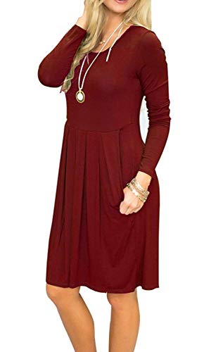 AUSELILY Women's Long Sleeve Pleated Loose Swing Casual Dress with Pockets Knee Length (M, Wine Red)