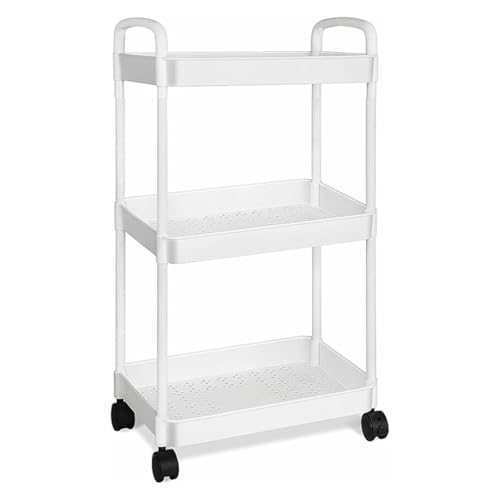 3 Tier Storage Trolley on Wheels Kitchen Trolleys with Handle for Book Beauty Craft Trolleys Rolling Utility Storage Cart for Room Bathroom Office Space Rack Space-Saving Mobile Shelving Organizer