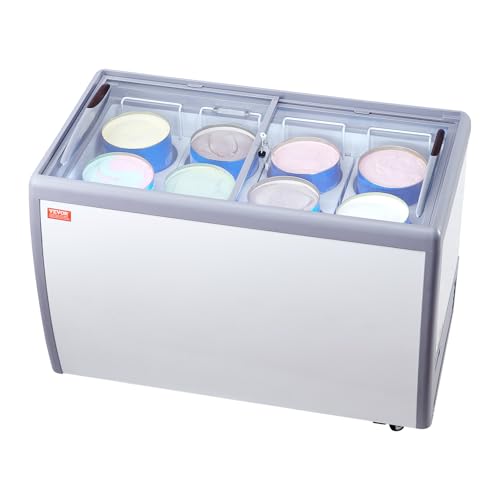 VEVOR Vitrina Comercial para Helado, Congelador Horizontal de 370 L, Móvil con Tapa de Vidrio, con 8 Tinas Grandes, 2 Puertas Corredizas de Vidrio, Ruedas con Bloqueo, Blanco, 1260 x 715 x 875 mm