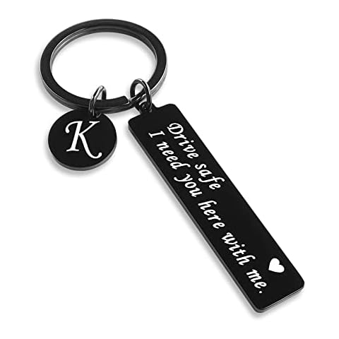 CINDYHE Drive Safe Keychain for Boyfriend Valentines day I Love You Gifts for Him I Need You Here With Me 26 Letters Black Keychain (Black keychain lette K) Cover