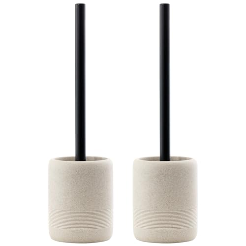 Haocoott Toilet Brush and Holder Set 2 PCS Decorative Toilet Bowl Brush and Holder Set Bathroom Aceessories Toilet Scrubber Brush Set with Heavy-Weight Resin Base with Long Handle (Beige)