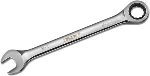 DISEN 9/16 Inch Ratcheting Combination Wrench, Chrome Vanadium Steel, 72-Tooth Box End and Open End Ratcheting Wrench for Tight Space