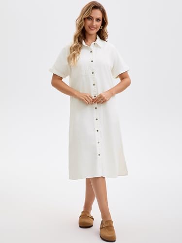 Image of Women's Midi Denim Dress Summer Short Sleeve Button Down Casual Loose Long Tunic Jean Shirt Dress