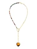 CrystalTears Collar de perlas de piedras preciosas de colores + clip de papel dorado con colgante de corazón de ojo de tigre y collar en Y para mujer