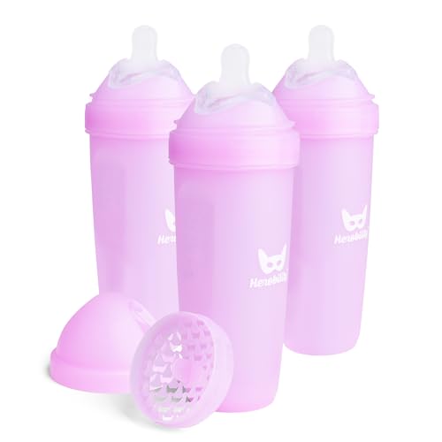 Image of Herobility Anti-Colic Baby Bottles 12 fl oz/340ml - Pack of 3 Plastic Baby Bottles, Fast Flow Plastic Bottles, Breast-Shaped Teat for Breastfed Babies, Small Baby Bottles, Swedish Design, Purple