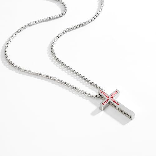 Baseball Necklace for Men Confirmation Bible Verse Baseball Stainless Steel Cross Pendant Necklaces 18+2 Inches2