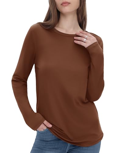 GAYHAY Brown Long Sleeve Shirt Women Thick Light Fall Tops Basic Loose Fit Tshirts Chocolate Brown Fall Clothes