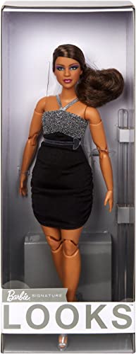 Barbie Looks Doll, Collectible & Posable with Wavy Brown Hair & Curvy Body Type, Silvery & Black Halter Dress
