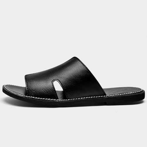 Image of Men's Genuine Leather Flat Slides Sandals Summer Classic Round Open Toe Slip On Softsole Male Sandals for Beach Walking Slides