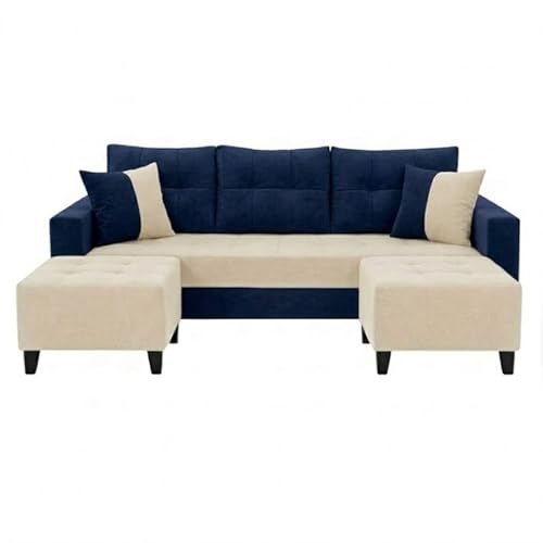Image of SLEEPIFY Harlon Velvet-Suede Fabric 3 Seater Sofa Set with 2 Ottoman (Dark Blue - Cream) | Comfortable & Spacious Seating | Modern Sofa Set for Living Room | Soft Touch Upholstery