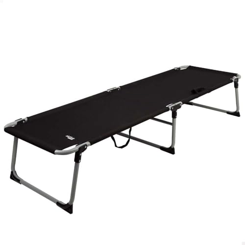 AKTIVE 63059 Camilla Camping, Plegable, 186x58x35 cm, Color Negro, Soporta 110 kg, Topes antivuelco, Estructura Acero, Tejido poliéster, Asas de Mano Transporte, Accesorios Playa