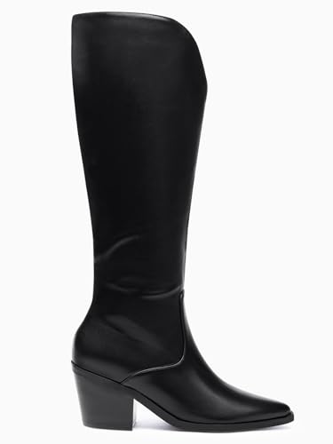 Image of Coutgo Womens Wide Calf Cowboy Boots Suede Knee High Chunky Heel Pointed Toe Western Cowgirl Boots