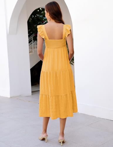 Image of KOJOOIN Womens Maternity Dress Summer Sleeveless Smocked Square Neck Ruffle Casual Boho Midi Dress Baby Shower Photoshoot
