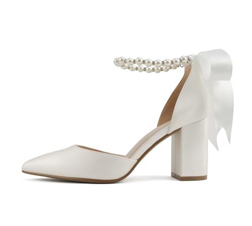 Delicious Julian ~ Women Pointed Toe Bridal Dress Pumps with Pearl Ankle Strap