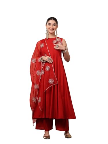 Stylum Women's Red Solid & Embellished Rayon Flared Kurta Palazzo Dupatta Set