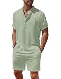 COOFANDY Outfits For Men 2 Pieces Short Sleeve Linen Henley Shirt and Shorts With Pockets Sets Yoga Beach Summer Sets