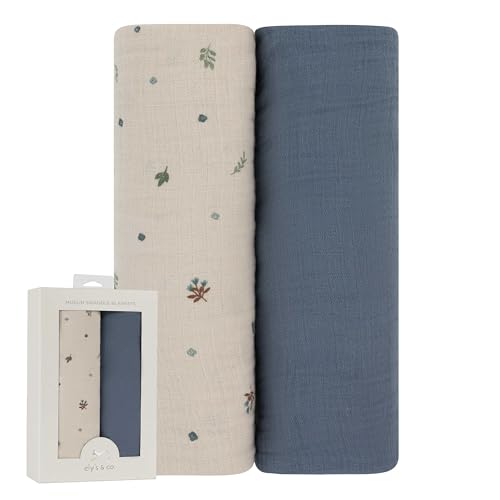 Image of Ely's & Co. Muslin Swaddle Blanket 2-Pack - 100% Cotton Muslin Extra-Large Swaddle Blankets (47 inch x 47 inch) Solid + Printed (Blue Garden Flower)