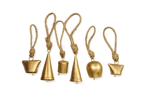 Image of Rustic Brass Hanging Bells Pack of 6 | Vintage Mini Bells with Rope for Home Decor, Diwali Pooja, Wall Art, Christmas & Craft Use