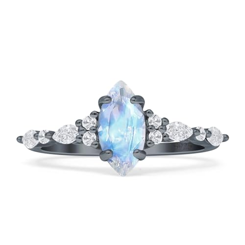OMRANII Art Deco Marquise Natural Moonstone Vintage Style Wedding Engagement Ring Solid 925 Sterling Silver Gift For Women