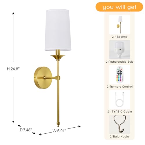 Image of PASSICA DECOR Battery Operated Wall Sconces Set of Two, Rechargeable Gold Wall Lights with Dimmable Detachable Light Bulb, Remote Control, Lamp Fixture for Bedroom Living Hallway