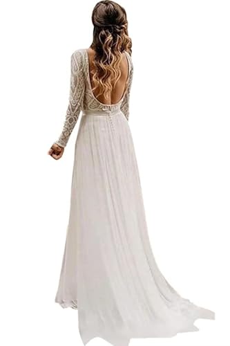 Women's Lace Long Sleeve Wedding Dresses for Bride Simple Wedding Dress A Line Backless Beach Bridal Gown RWD11