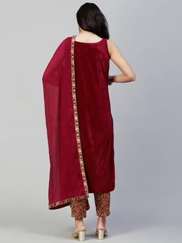 Image of SIRIL Women's Velvet Solid Straight Kurta Set with Dupatta