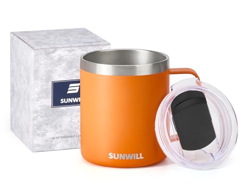 SUNWILL Insulated Coffee Mug with Lid, Travel Tumbler with Handle, 14 oz Stainless Steel Cup for Camping, Office, Home, Powder Coated Orange
