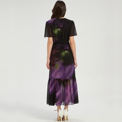 Image of Women's Summer Bohemian Floral Chiffon Dress Cap Sleeve V Neck Ruffle Long Flowy Boho Casual Vacation Dresses