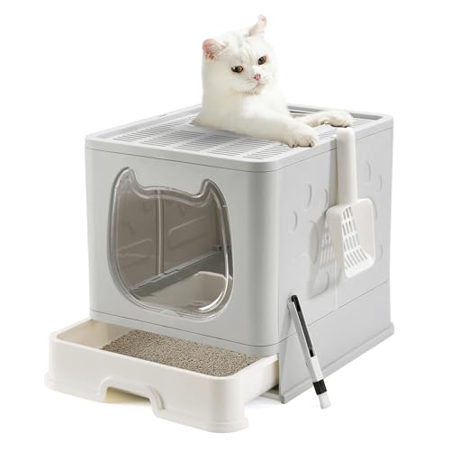 Pawsayes Bandeja de arena para gatos con tapa para gatos medianos y pequeños, caja de arena plegable para gatitos de entrada superior con cajón y cuchara
