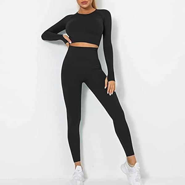Heflashor Tuta sportiva da donna, 2 pezzi, senza pancia, a maniche lunghe leggings push up, abbigliamento sportivo, set da yoga, per il tempo libero