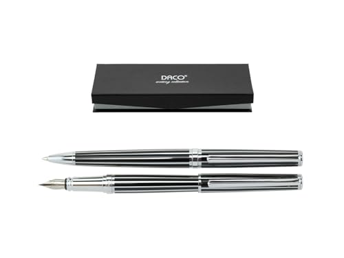 DACO Set Stylo Plume & Stylo Bille avec Étui – Corps Métallique Noir & Argent – Écriture Fluide, Pointe Moyenne – Coffret Élégant Cadeau pour...
