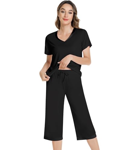 Image of NACHILA Pajamas Set for Women-Viscose Made from Bamboo, Short Sleeve Sleepwear Soft Capri Pants Pajamas with Pocket Cool Pjs