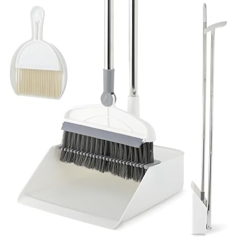 Broom with Dustpan Combo Set, 2 in 1 Broom and Dustpan Set with Long Handle, Upright 180° Rotating Broom with Brush and Lightwight Dust Pans for Home Kitchen Room Office Lobby Floor Cleaning，White Cover
