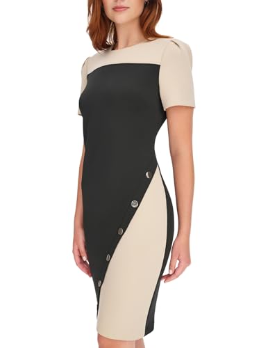 Image of Tommy Hilfiger Women's Short Sleeve Jewel Neck Colorblock Studded Asymmetrical Hem Crepe Mini Dress