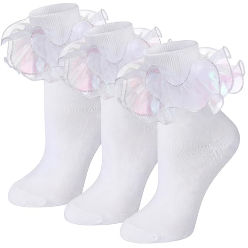 Image of Geyoga 3 Pairs Women Big Ruffle Socks Turn Cuff, Double Lace Ankle Cotton Frilly Socks for Ladies Summer