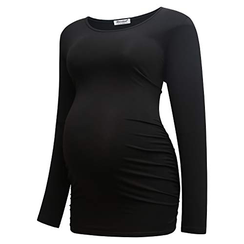 Bearsland Womens Maternity Long Sleeve Tshirt 3 Packs Classic Side Ruched Tee Top Mama Pregnancy Clothes,Black+Brown+Witstripe,Xl #TOP1