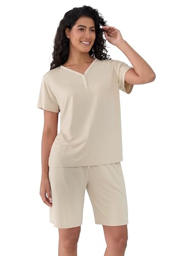 Image of Joyaria Cooling Pajamas Bamboo Viscose PJs Bermuda Shorts Set Women Henley Neck Summer Moisture Wicking Sleepwear